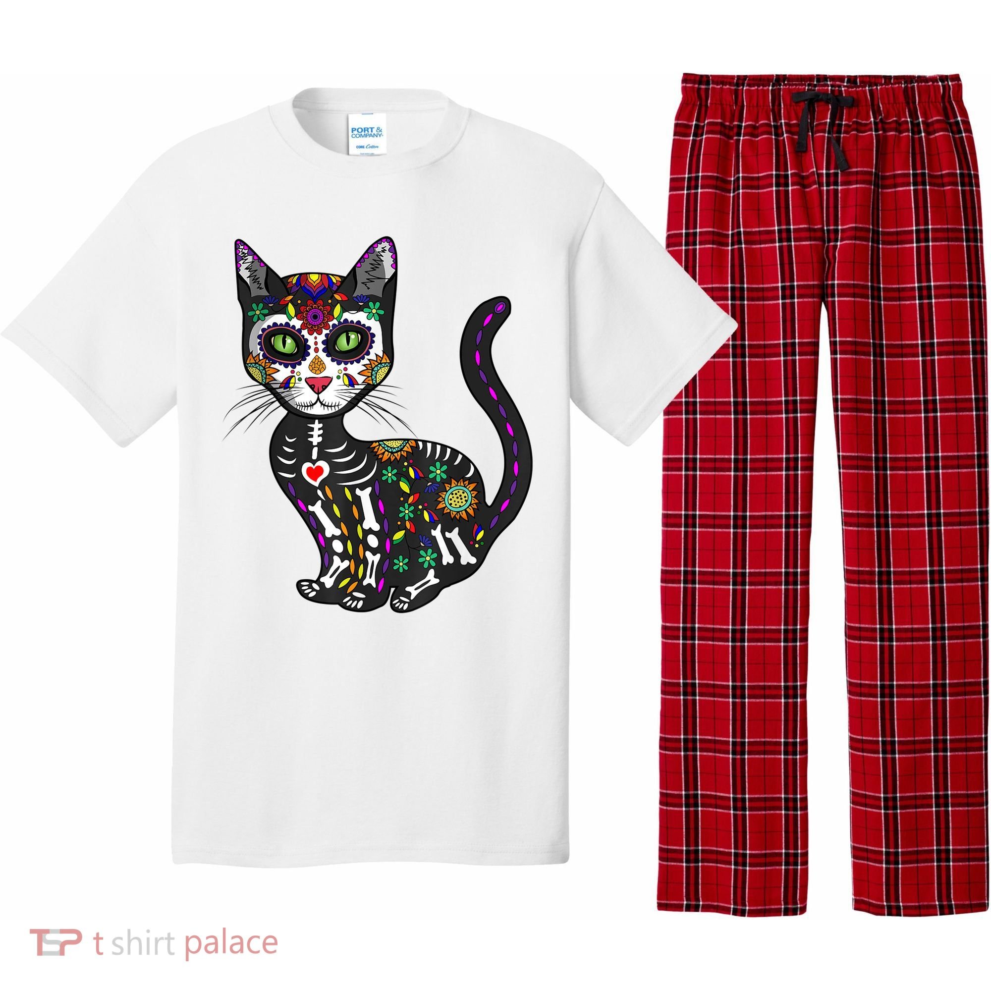Cute Sugar Skull Mexican Cat Halloween Day Of The Dead Pajama Set