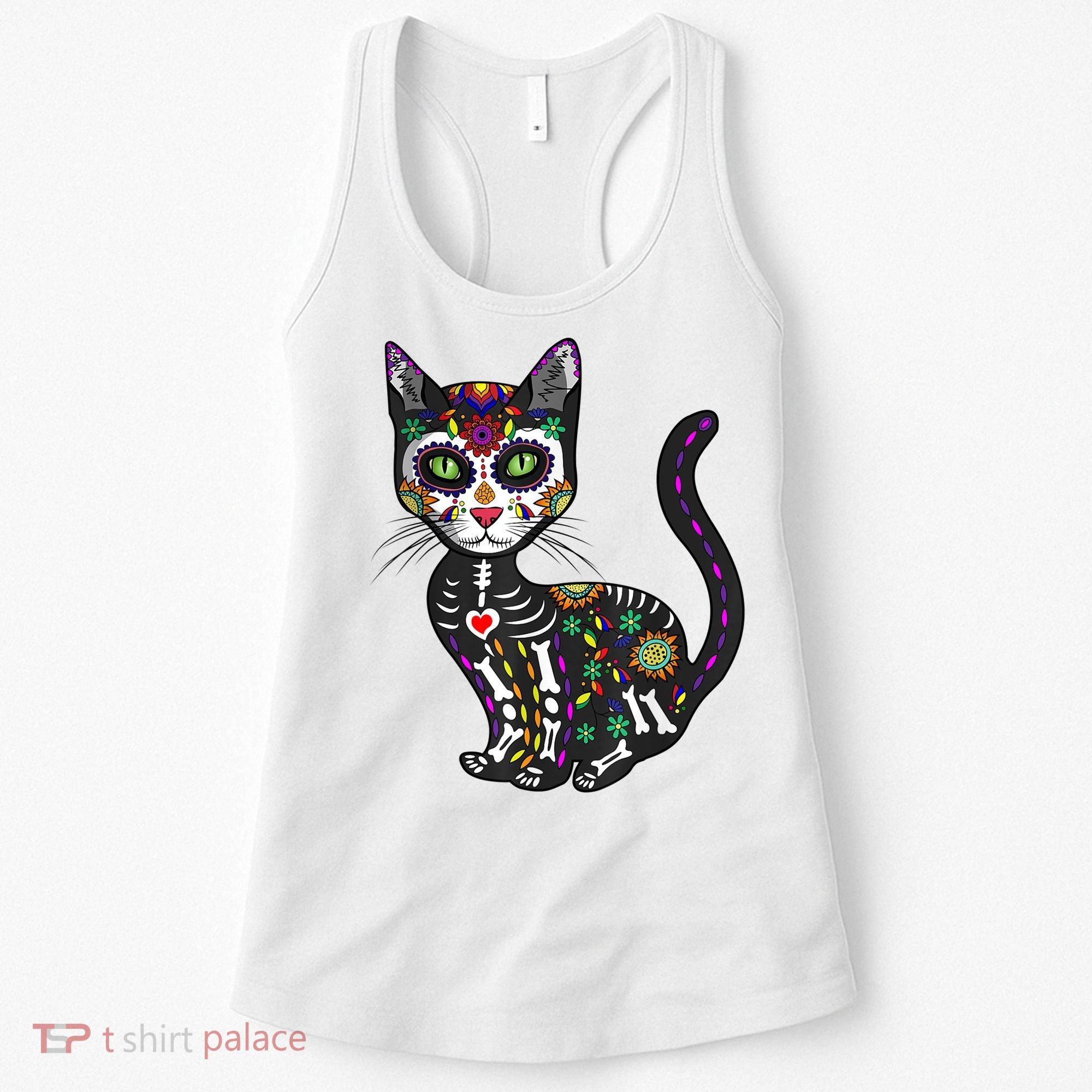 Cute Sugar Skull Mexican Cat Halloween Day Of The Dead Women's Tank Top