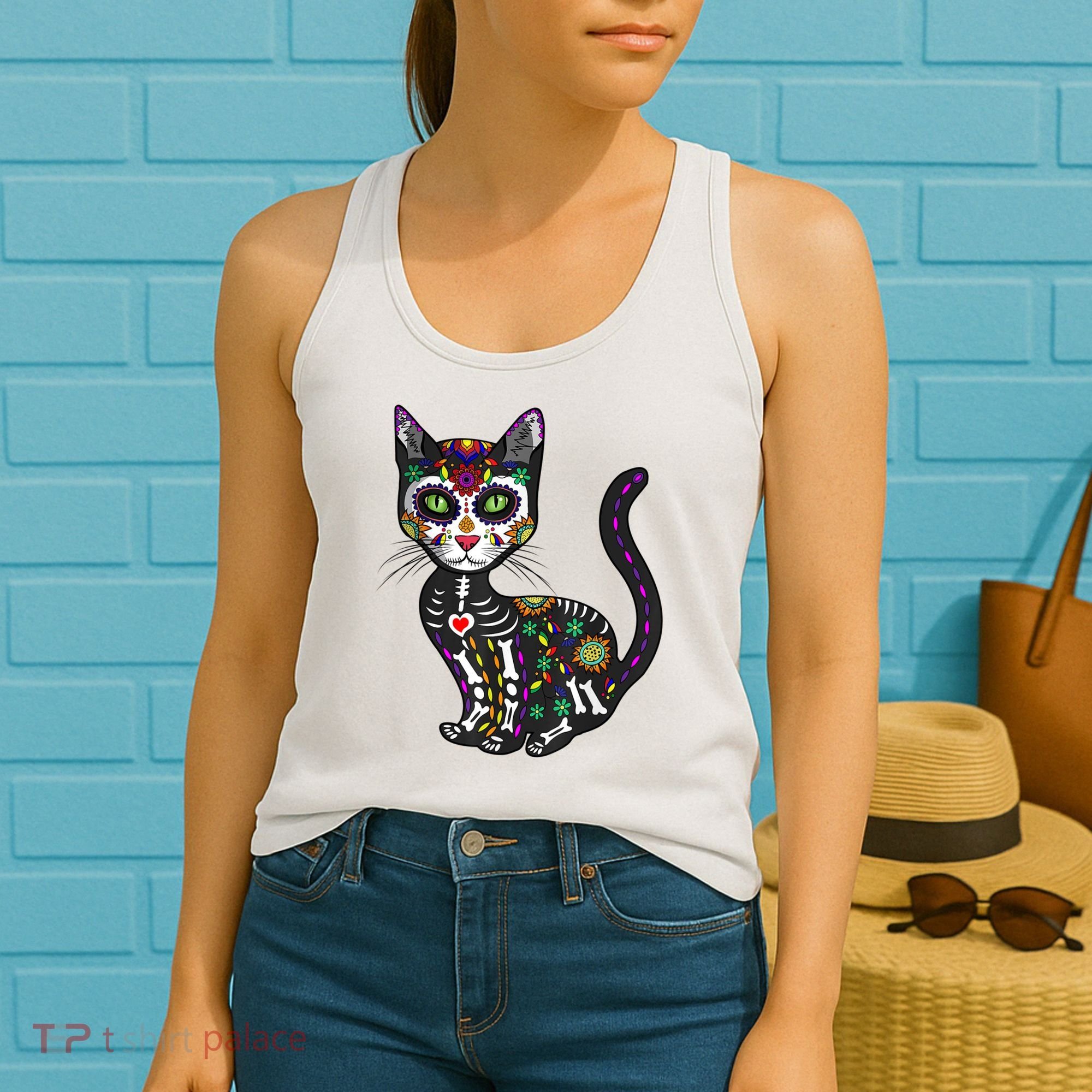 Cute Sugar Skull Mexican Cat Halloween Day Of The Dead Women's Tank Top