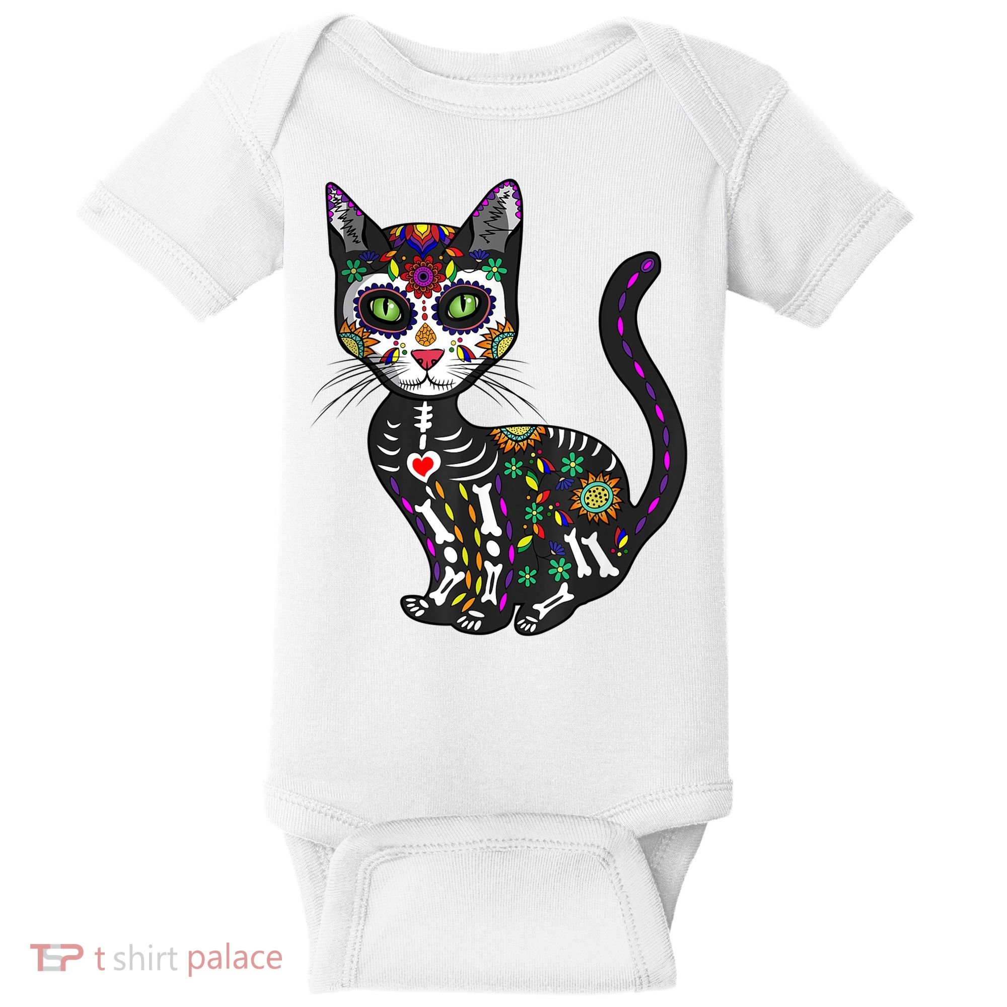 Cute Sugar Skull Mexican Cat Halloween Day Of The Dead Baby Bodysuit