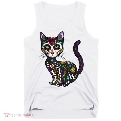 Cute Sugar Skull Mexican Cat Halloween Day Of The Dead Tank Top