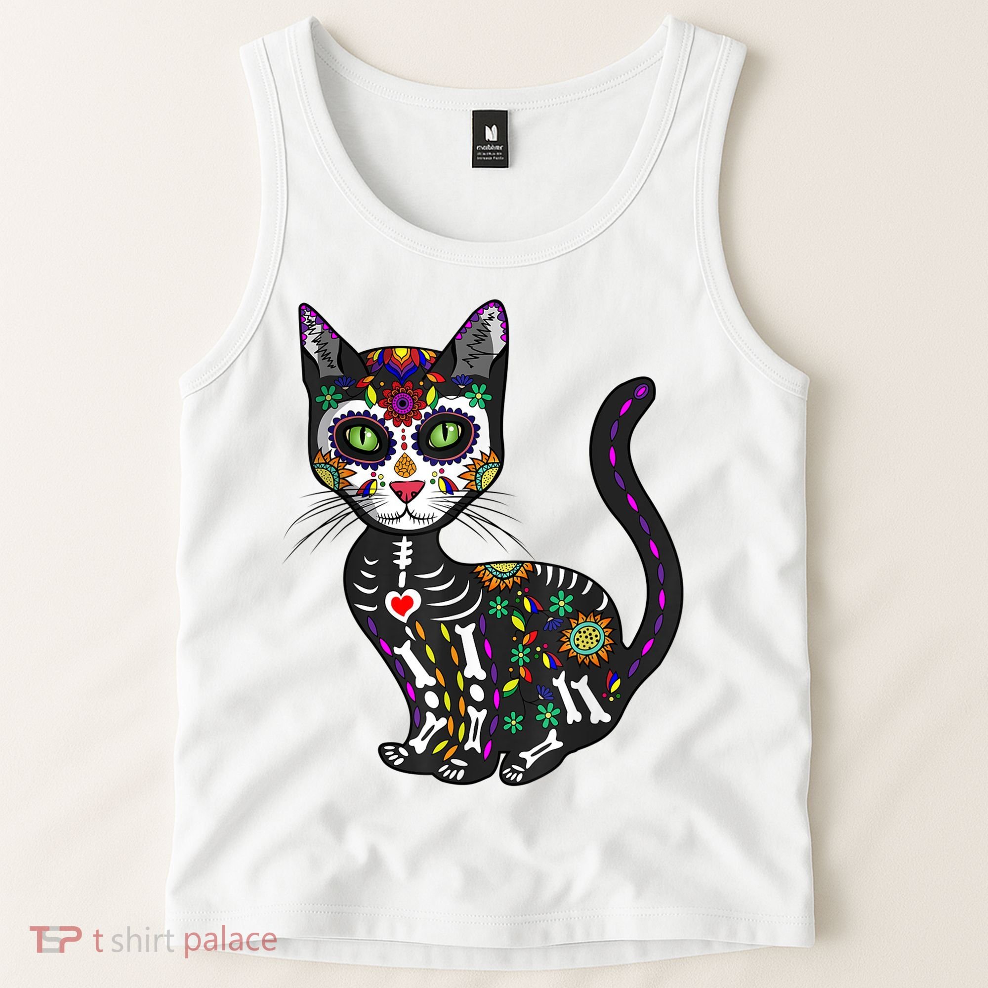 Cute Sugar Skull Mexican Cat Halloween Day Of The Dead Tank Top