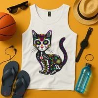 Cute Sugar Skull Mexican Cat Halloween Day Of The Dead Tank Top thumb 4