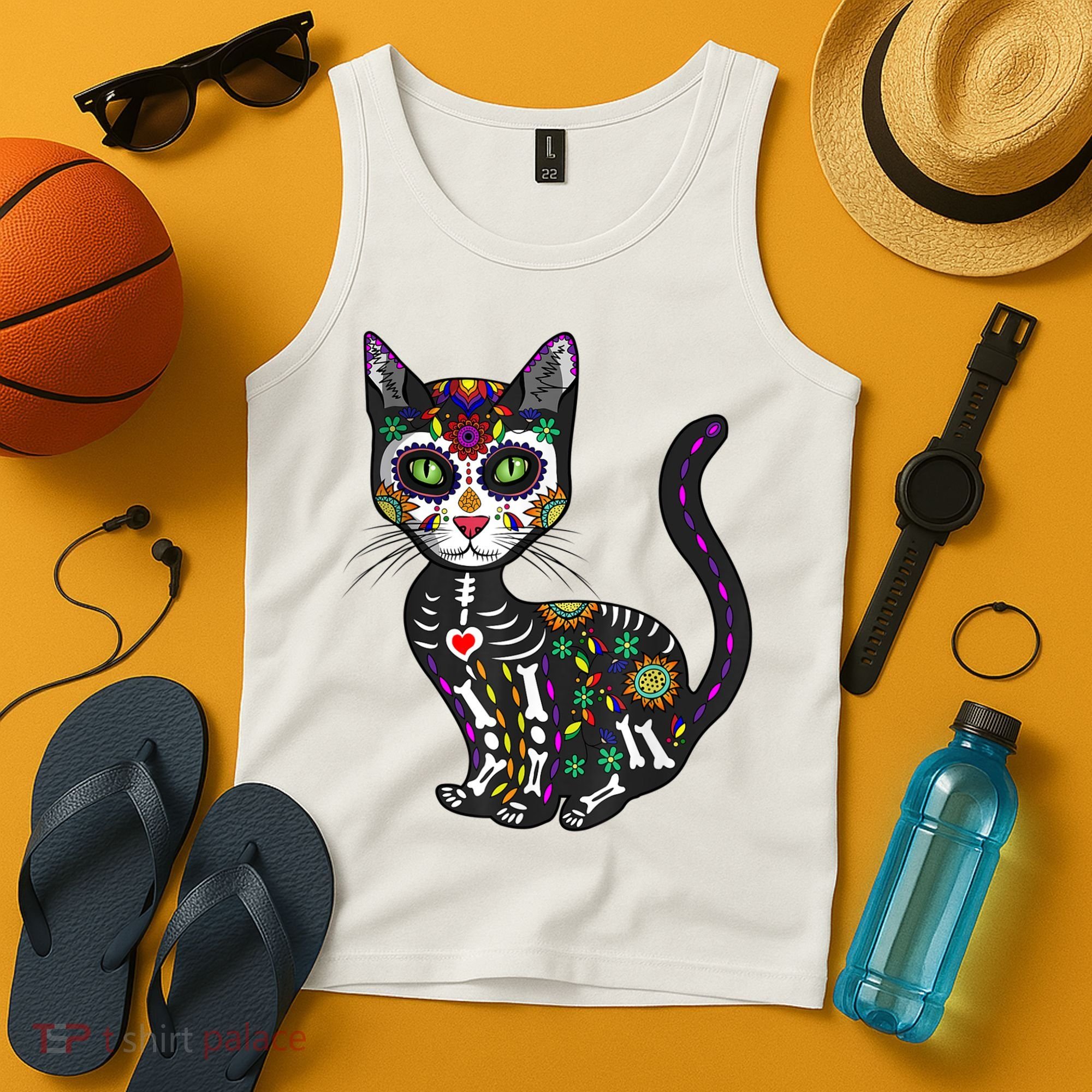 Cute Sugar Skull Mexican Cat Halloween Day Of The Dead Tank Top