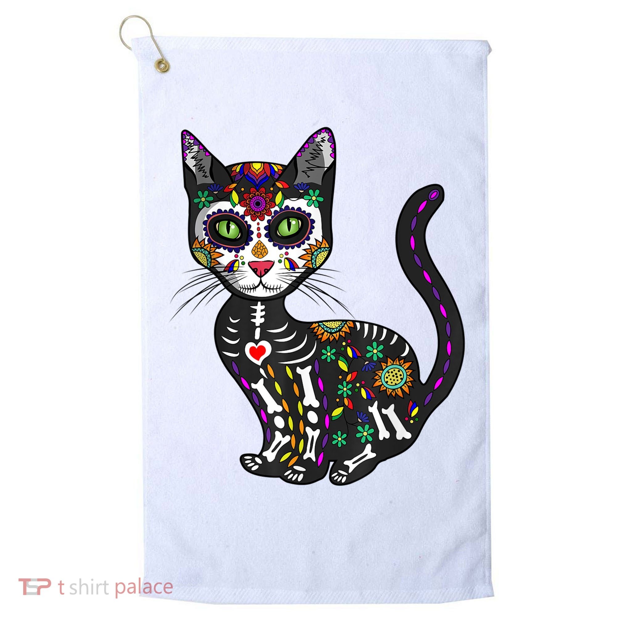 Cute Sugar Skull Mexican Cat Halloween Day Of The Dead Golf Towel