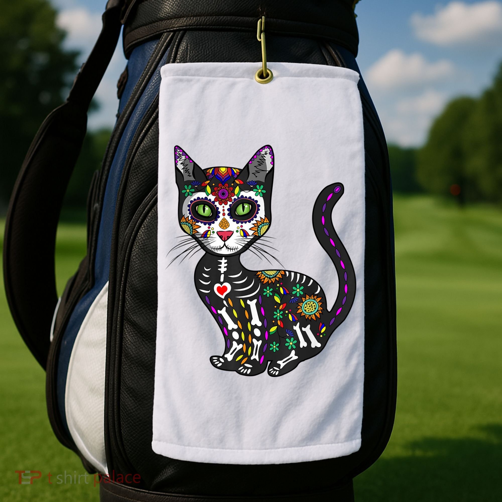 Cute Sugar Skull Mexican Cat Halloween Day Of The Dead Golf Towel