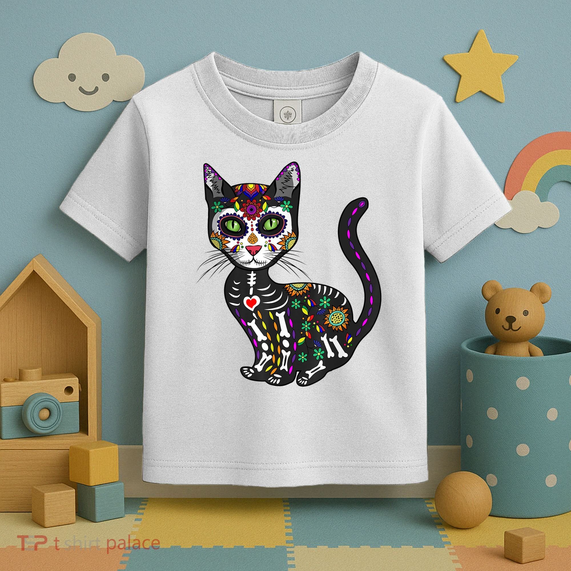Cute Sugar Skull Mexican Cat Halloween Day Of The Dead Toddler T-Shirt