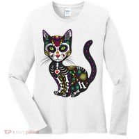 Cute Sugar Skull Mexican Cat Halloween Day Of The Dead Women's Long Sleeve Shirt thumb 0