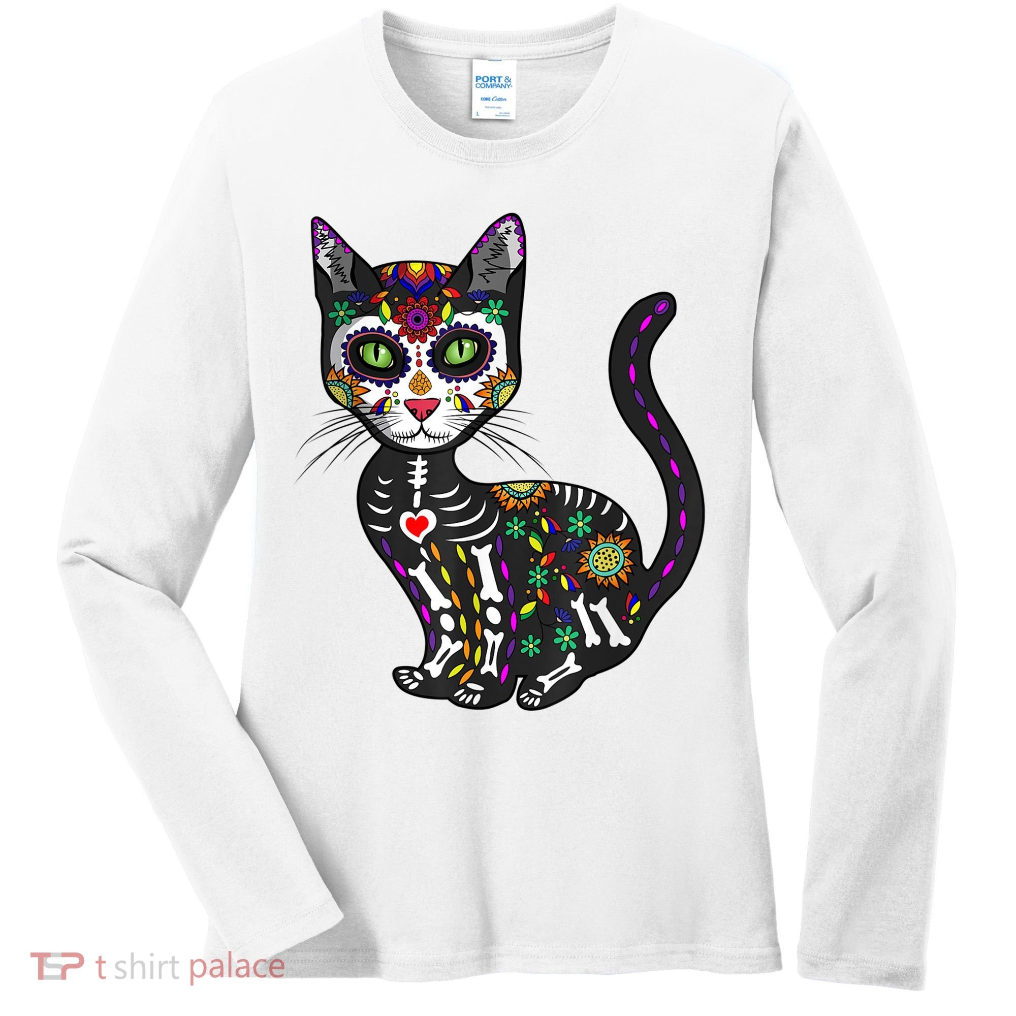 Cute Sugar Skull Mexican Cat Halloween Day Of The Dead Women's Long Sleeve Shirt