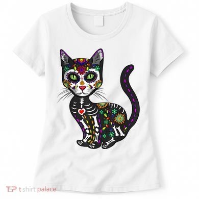 Cute Sugar Skull Mexican Cat Halloween Day Of The Dead Women's T-Shirt