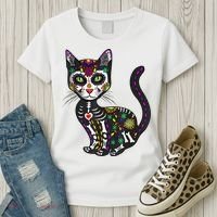 Cute Sugar Skull Mexican Cat Halloween Day Of The Dead Women's T-Shirt thumb 3