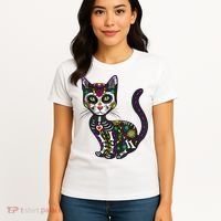 Cute Sugar Skull Mexican Cat Halloween Day Of The Dead Women's T-Shirt thumb 4