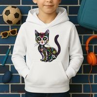 Cute Sugar Skull Mexican Cat Halloween Day Of The Dead Kids Hoodie thumb 2