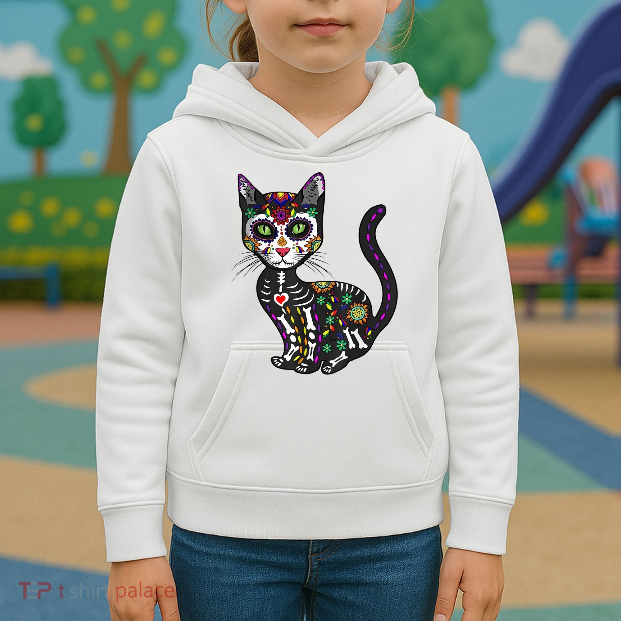 Cute Sugar Skull Mexican Cat Halloween Day Of The Dead Kids Hoodie
