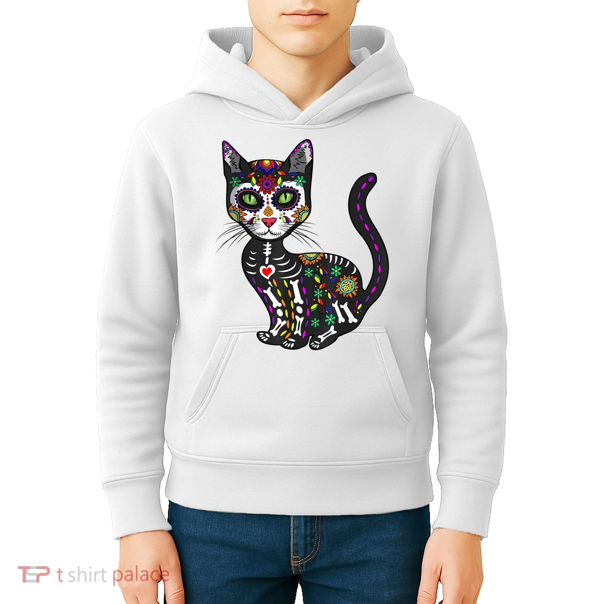 Cute Sugar Skull Mexican Cat Halloween Day Of The Dead Kids Hoodie