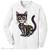 Cute Sugar Skull Mexican Cat Halloween Day Of The Dead Kids Long Sleeve Shirt thumb 0