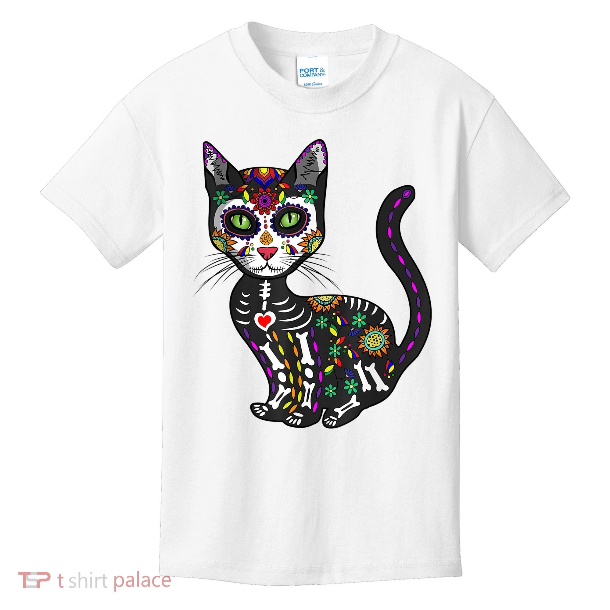 Cute Sugar Skull Mexican Cat Halloween Day Of The Dead Kids T-Shirt