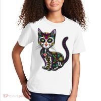 Cute Sugar Skull Mexican Cat Halloween Day Of The Dead Kids T-Shirt thumb 2
