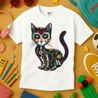 Cute Sugar Skull Mexican Cat Halloween Day Of The Dead Kids T-Shirt thumb 3