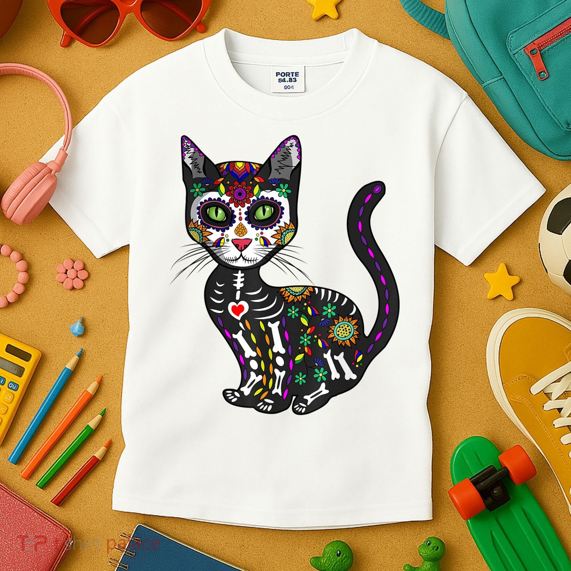 Cute Sugar Skull Mexican Cat Halloween Day Of The Dead Kids T-Shirt