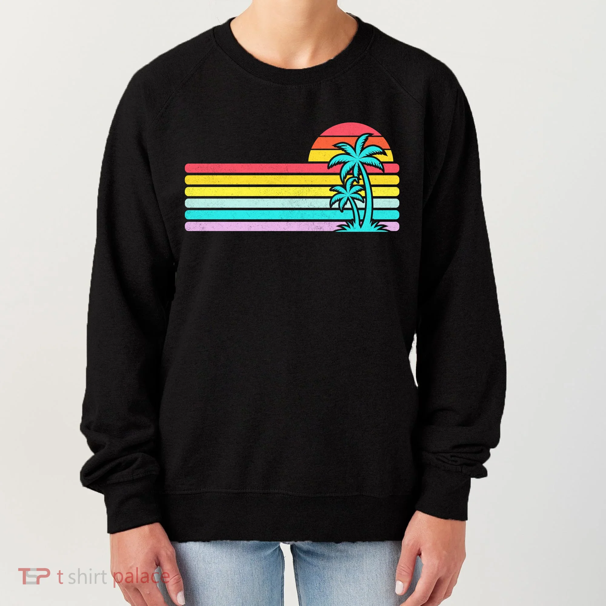 Colorful Sunset Stripe Palm Tree Summer Beach Women's Sweatshirt