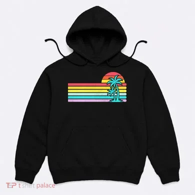 Colorful Sunset Stripe Palm Tree Summer Beach Hoodie