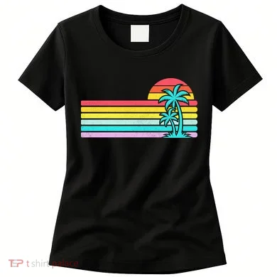 Colorful Sunset Stripe Palm Tree Summer Beach Women's T-Shirt