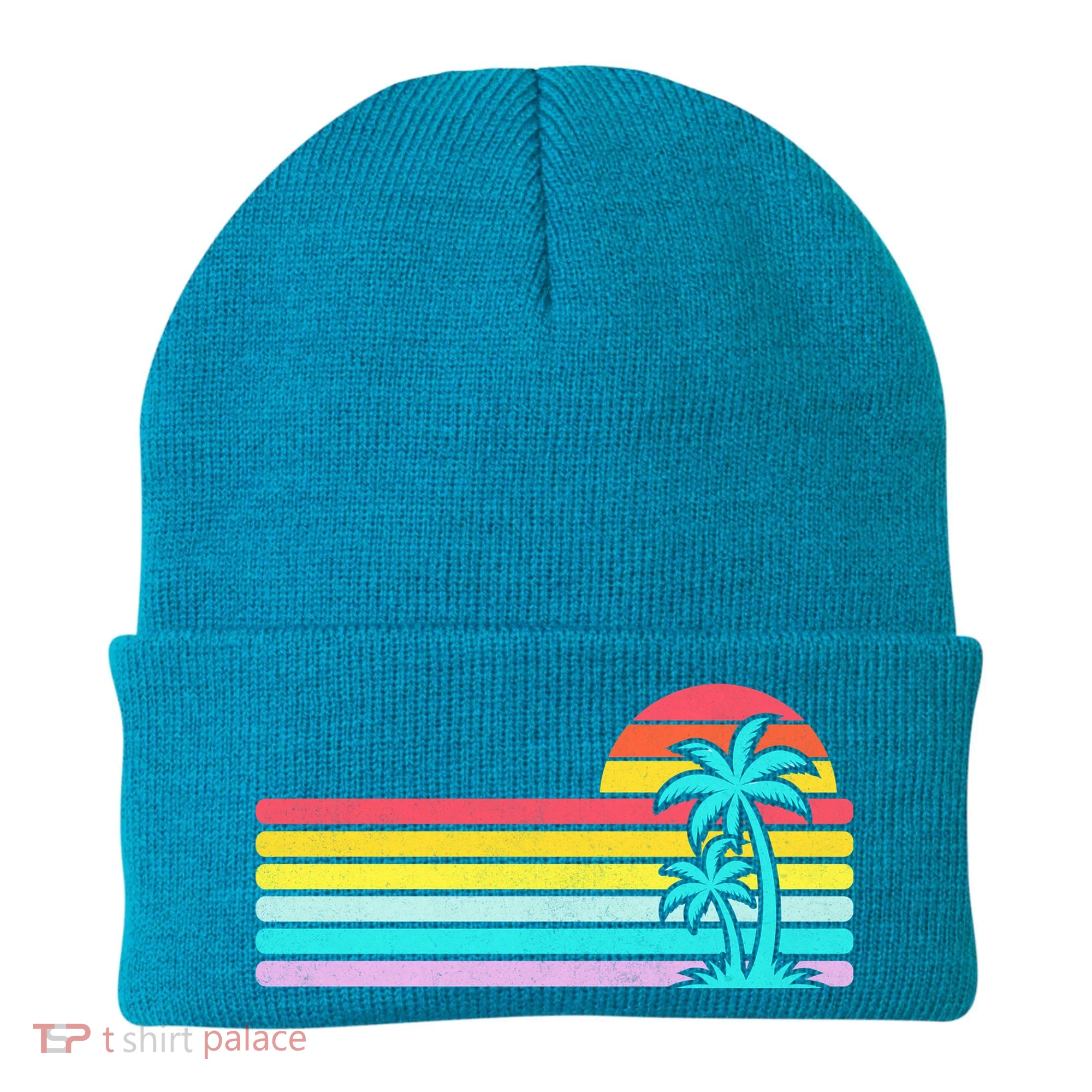 Colorful Sunset Stripe Palm Tree Summer Beach Beanie