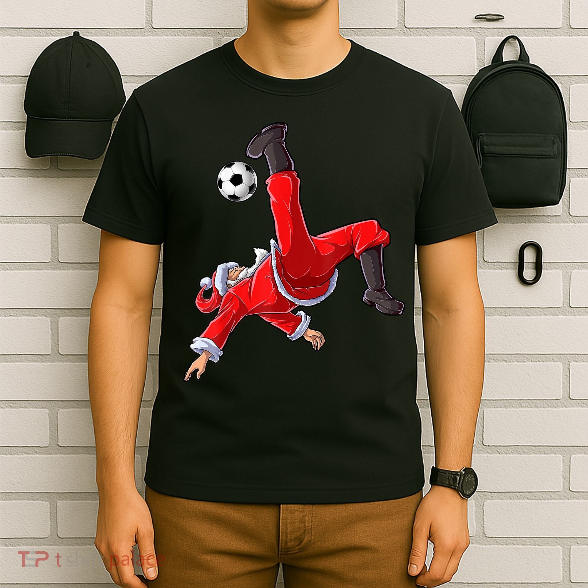 Christmas Santa Soccer Bicycle Kick Xmas Boys Men Ball Sport TShirt T-Shirt