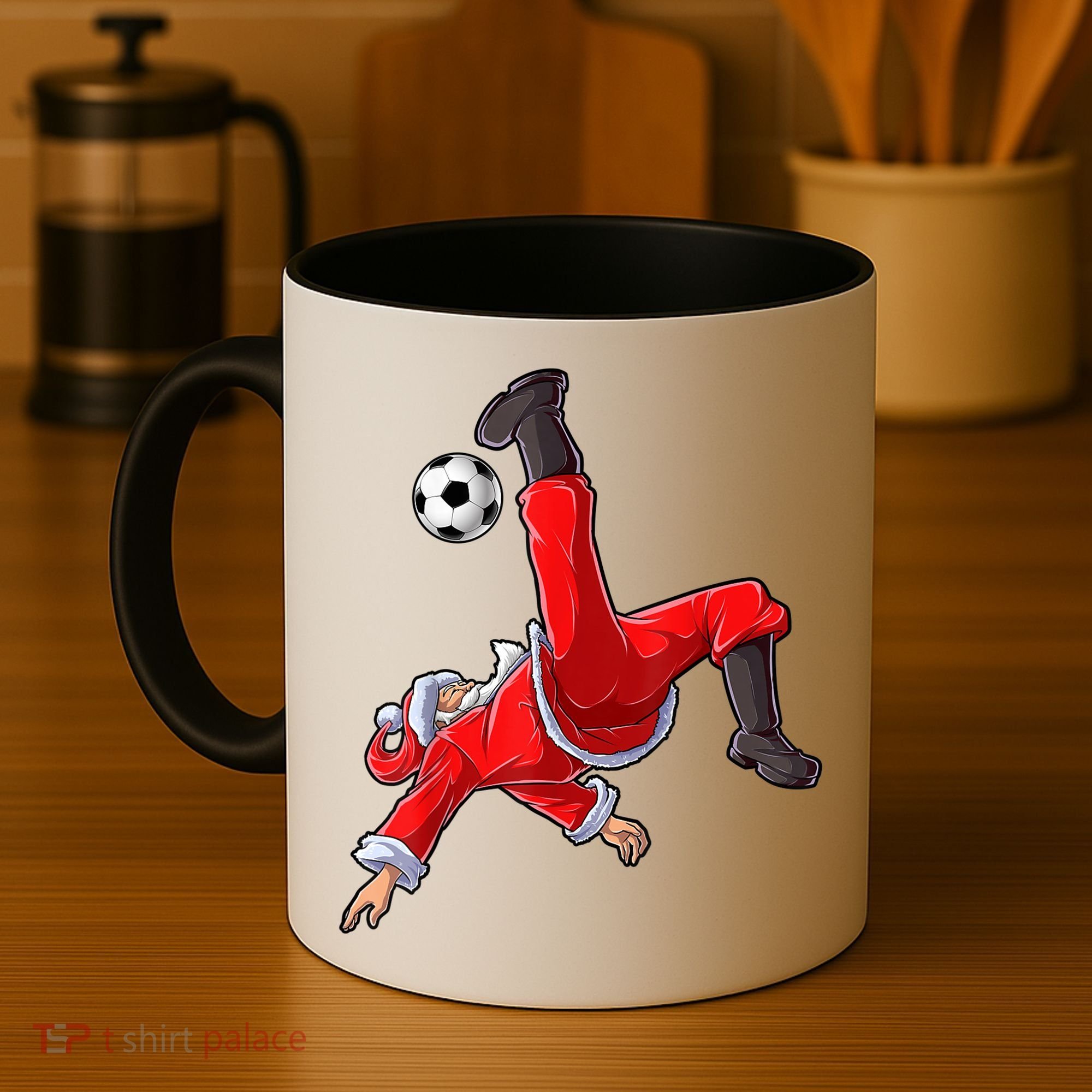Christmas Santa Soccer Bicycle Kick Xmas Boys Men Ball Sport TShirt Coffee Mug