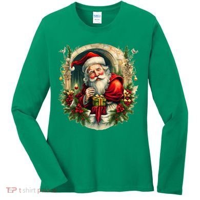 Christmas Spirit Santa Illustration Women's Long Sleeve Shirt
