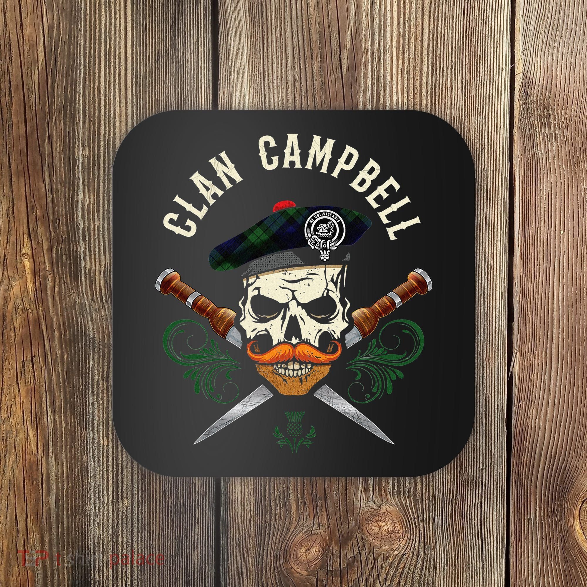 Campbell Surname Scottish Clan Skull Tam Dirks Tartan Badge Coaster