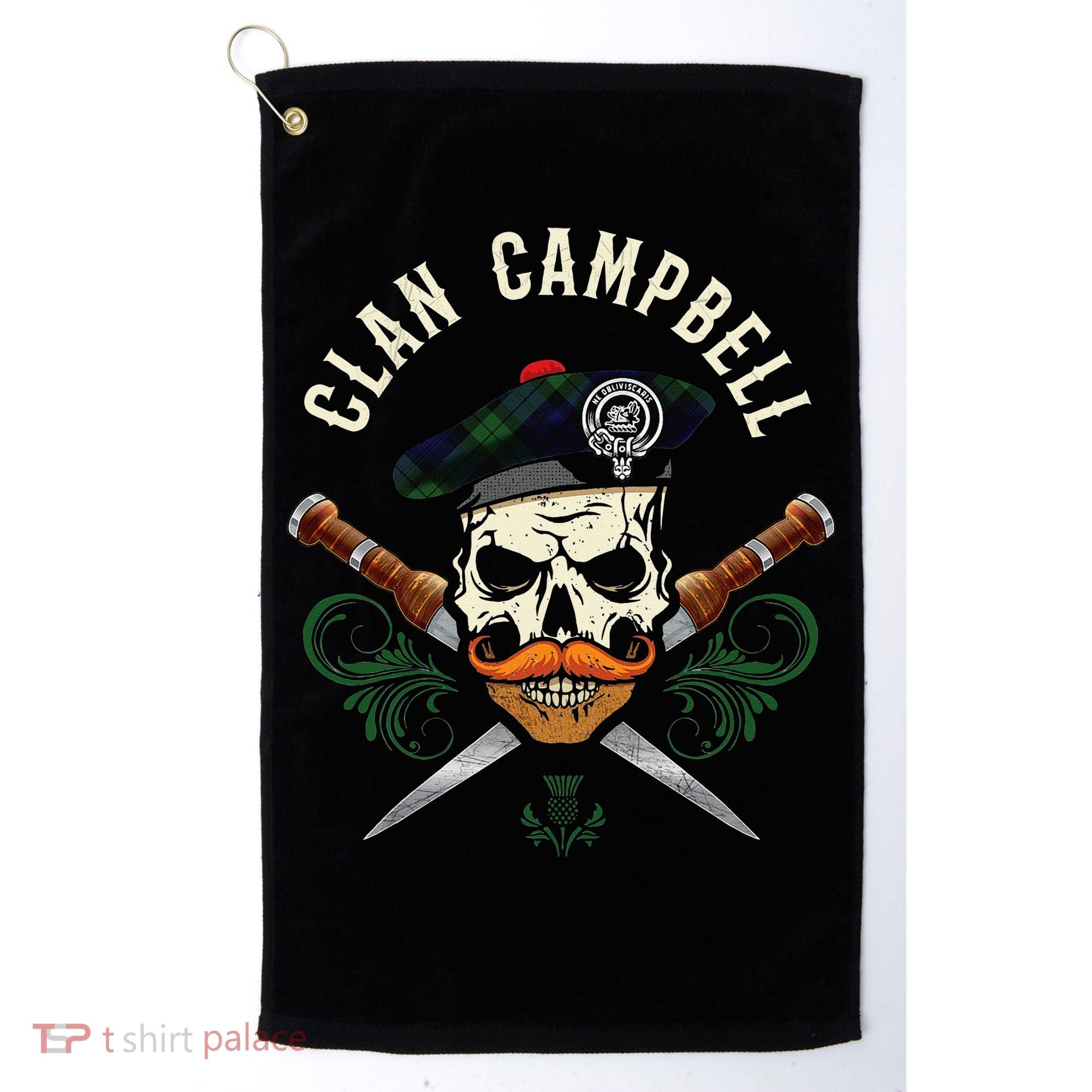 Campbell Surname Scottish Clan Skull Tam Dirks Tartan Badge Golf Towel