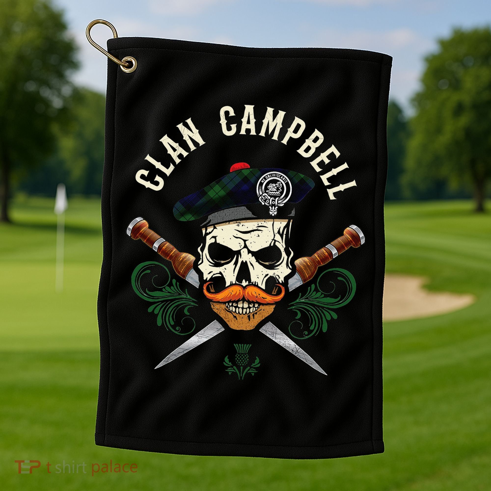 Campbell Surname Scottish Clan Skull Tam Dirks Tartan Badge Golf Towel