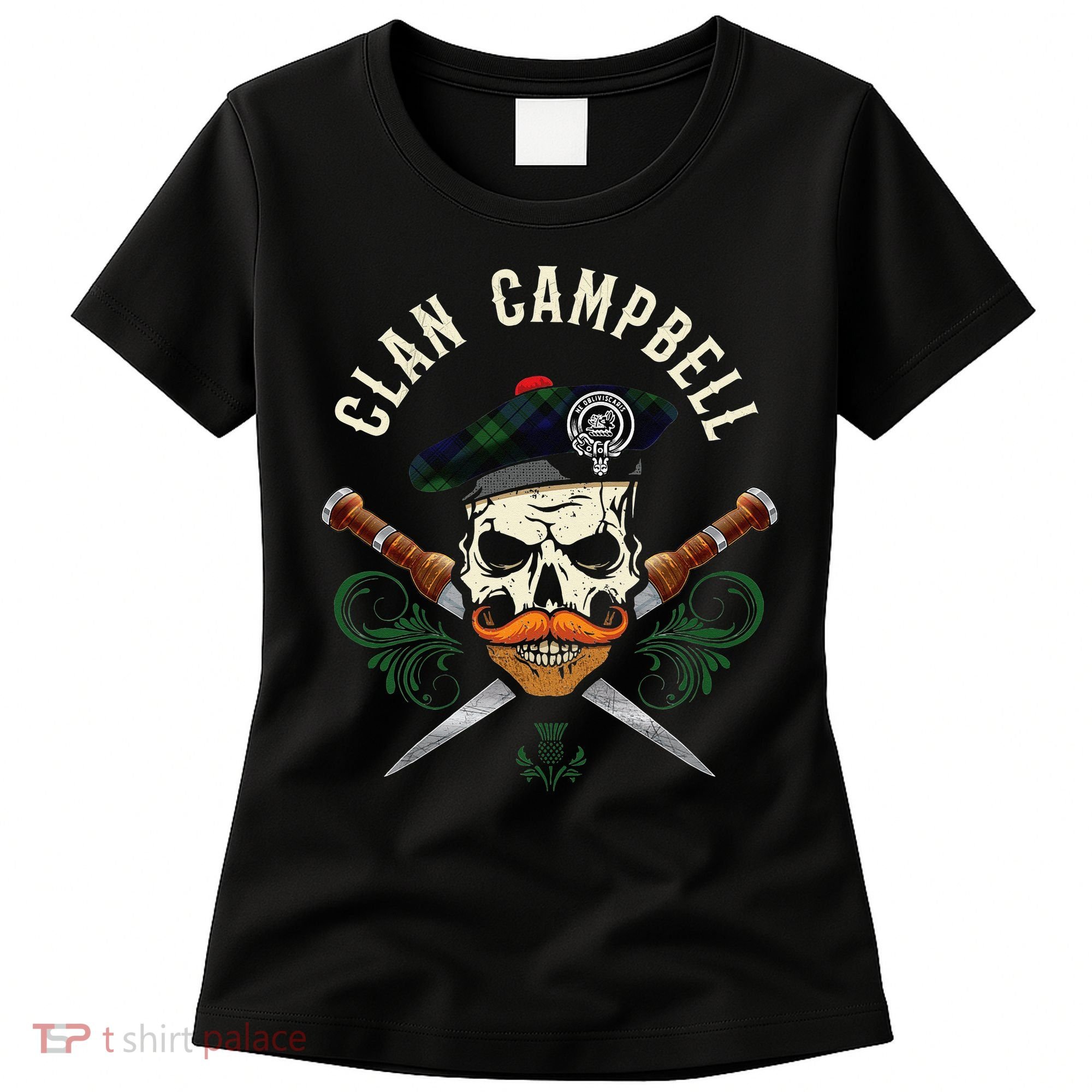 Campbell Surname Scottish Clan Skull Tam Dirks Tartan Badge Women's T-Shirt