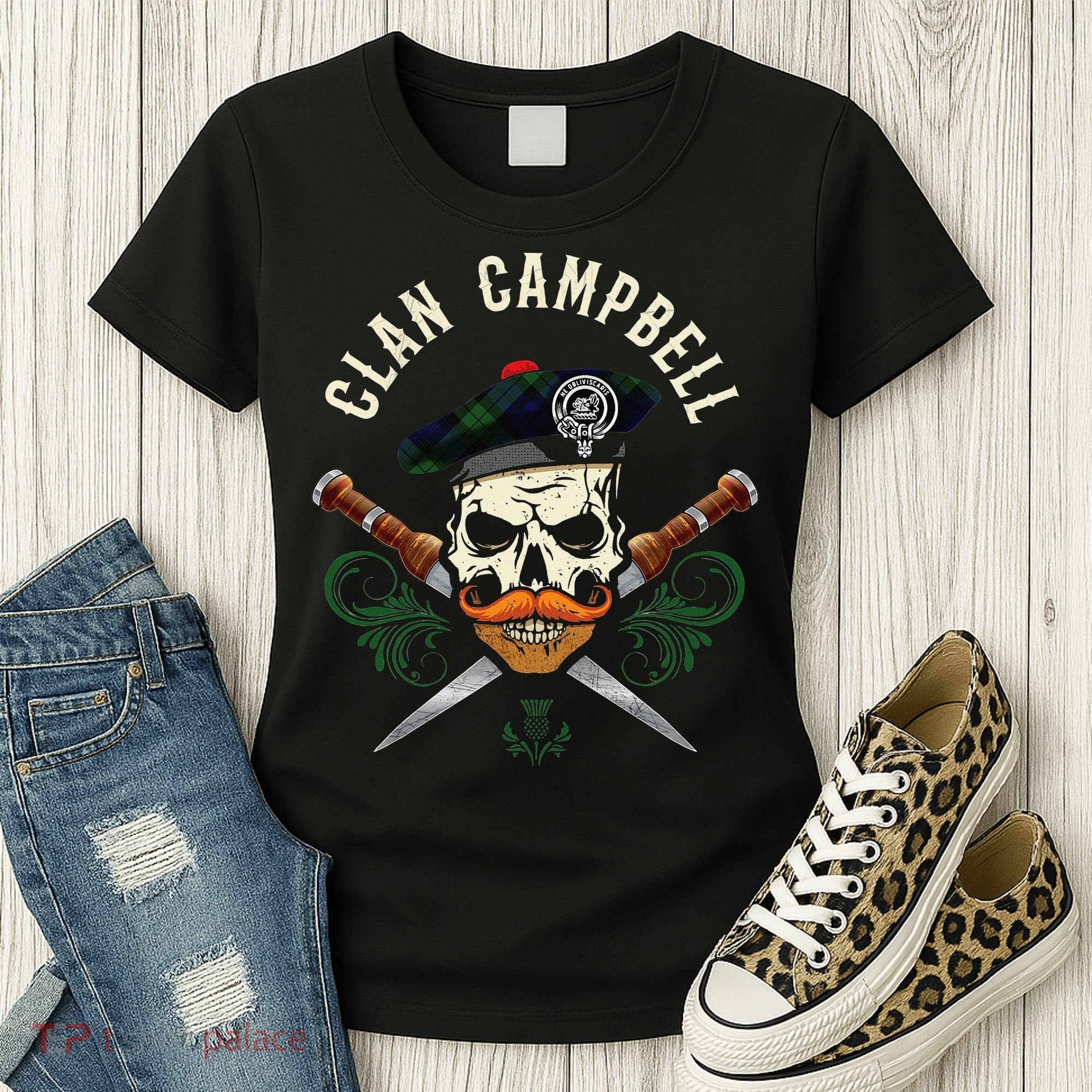 Campbell Surname Scottish Clan Skull Tam Dirks Tartan Badge Women's T-Shirt