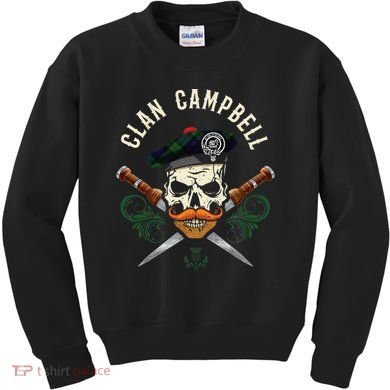 Campbell Surname Scottish Clan Skull Tam Dirks Tartan Badge Kids Sweatshirt