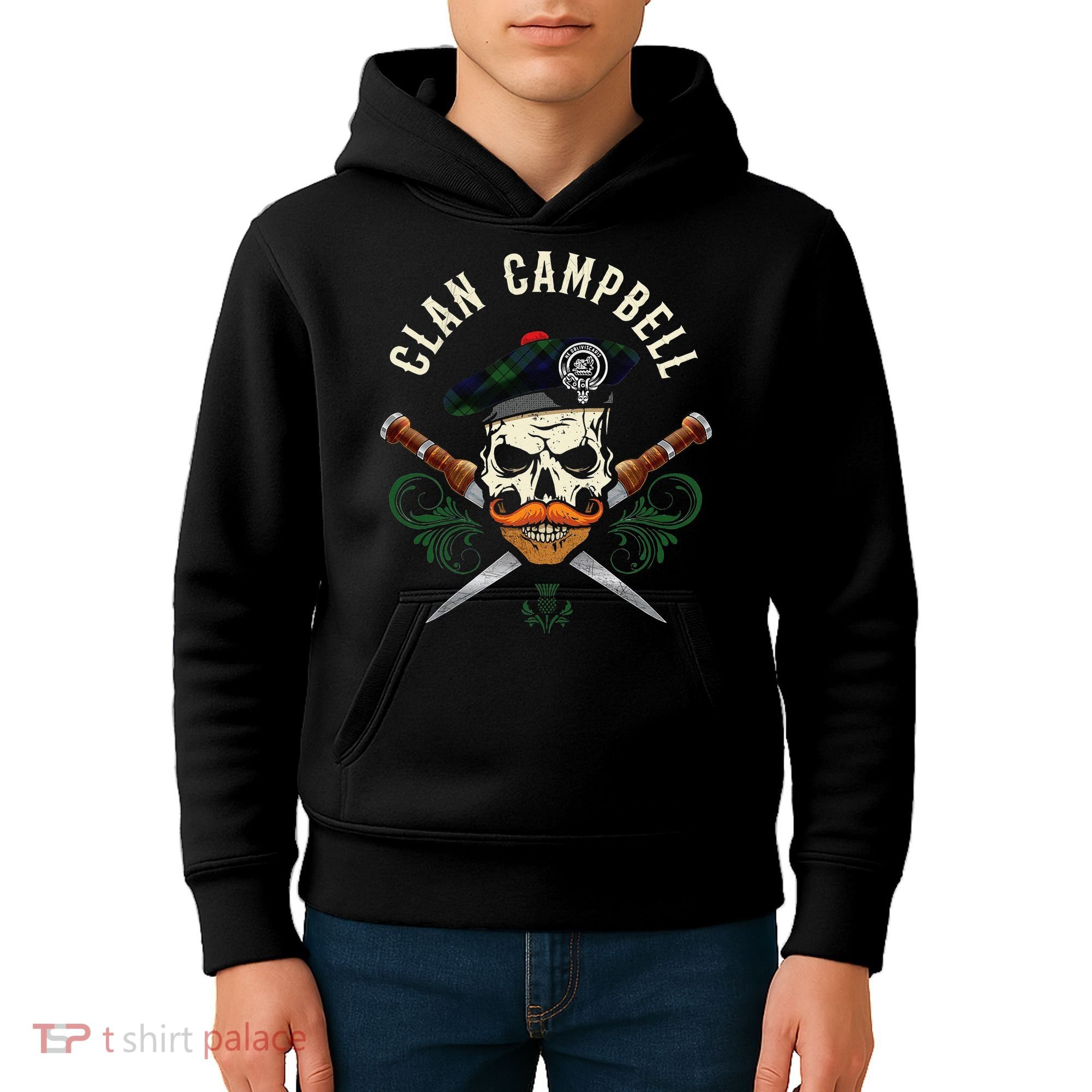 Campbell Surname Scottish Clan Skull Tam Dirks Tartan Badge Kids Hoodie