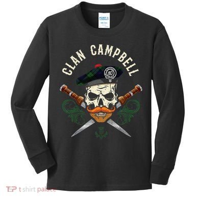 Campbell Surname Scottish Clan Skull Tam Dirks Tartan Badge Kids Long Sleeve Shirt
