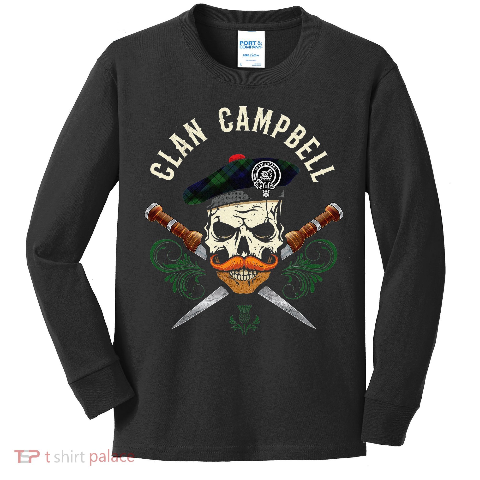 Campbell Surname Scottish Clan Skull Tam Dirks Tartan Badge Kids Long Sleeve Shirt
