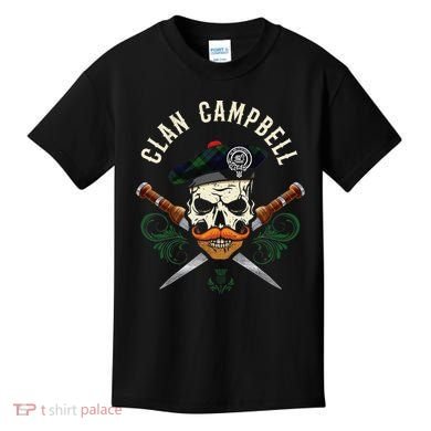 Campbell Surname Scottish Clan Skull Tam Dirks Tartan Badge Kids T-Shirt