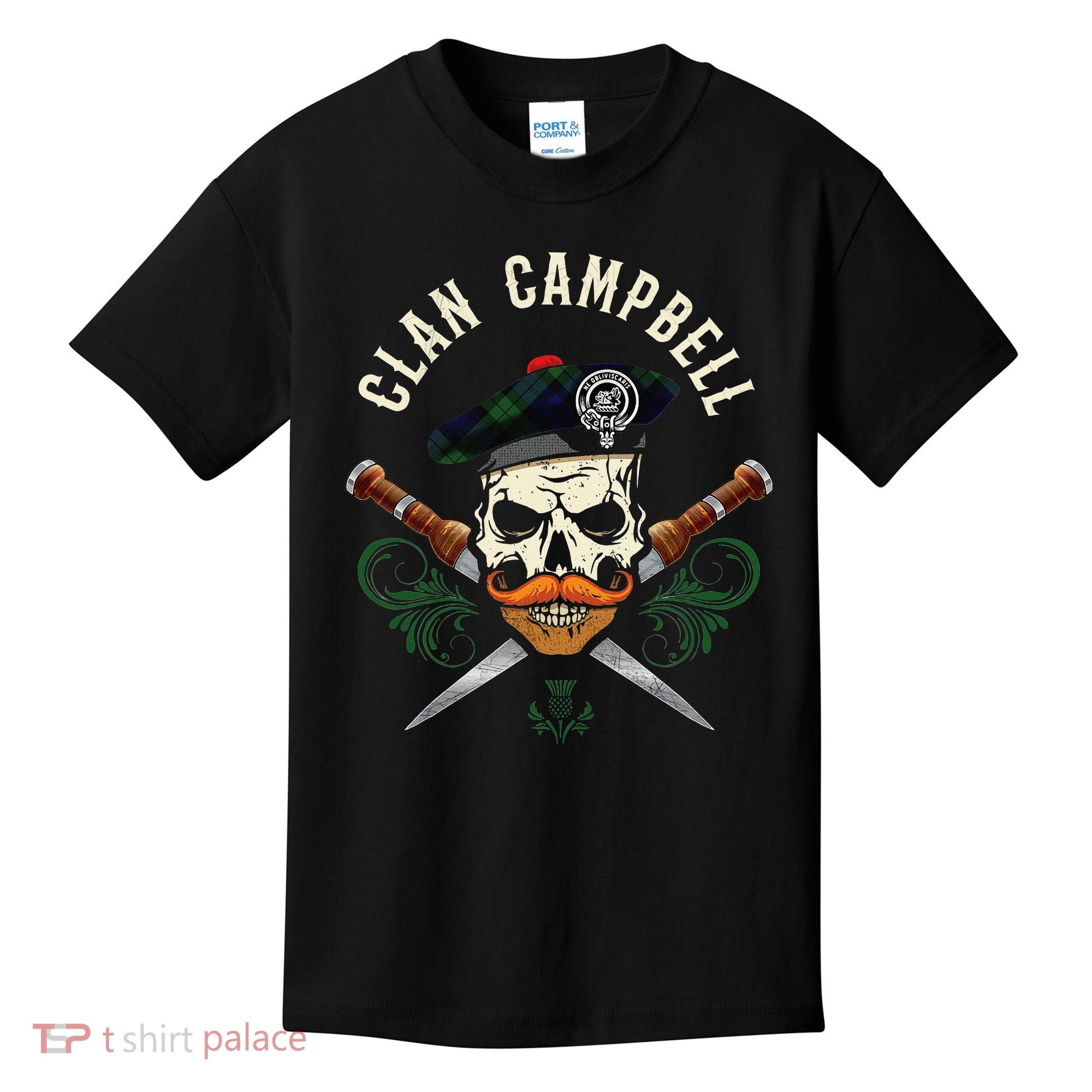 Campbell Surname Scottish Clan Skull Tam Dirks Tartan Badge Kids T-Shirt