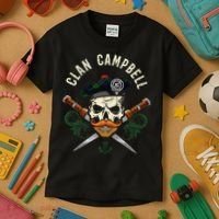 Campbell Surname Scottish Clan Skull Tam Dirks Tartan Badge Kids T-Shirt thumb 3