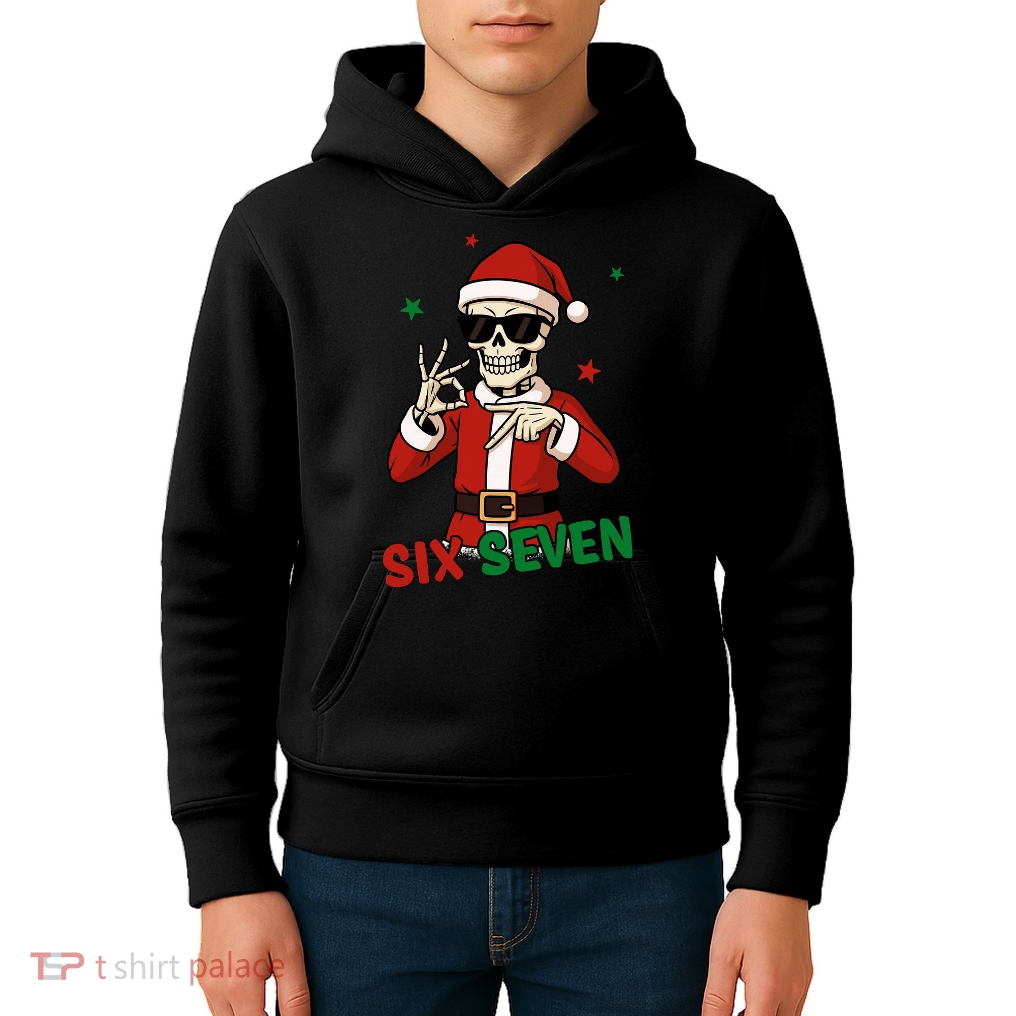 Christmas Six Seven Skeleton Santa 67 Meme Xmas Kids Hoodie