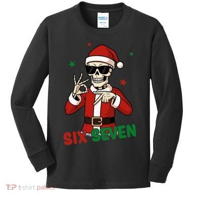 Christmas Six Seven Skeleton Santa 67 Meme Xmas Kids Long Sleeve Shirt