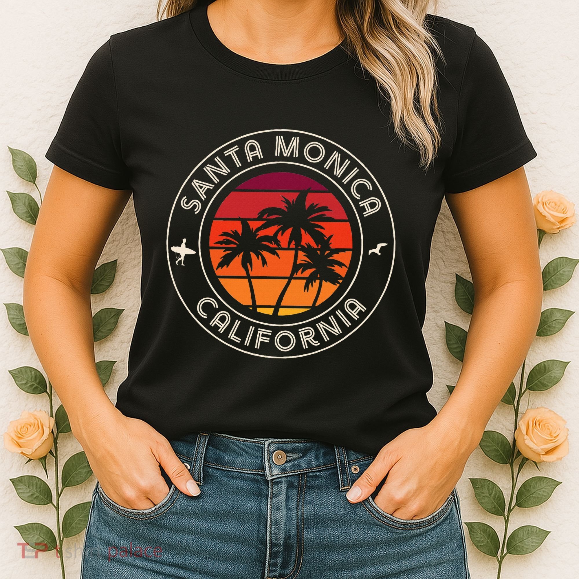 California Sunset Surfer And Seagull Santa Monica Beach Women's T-Shirt