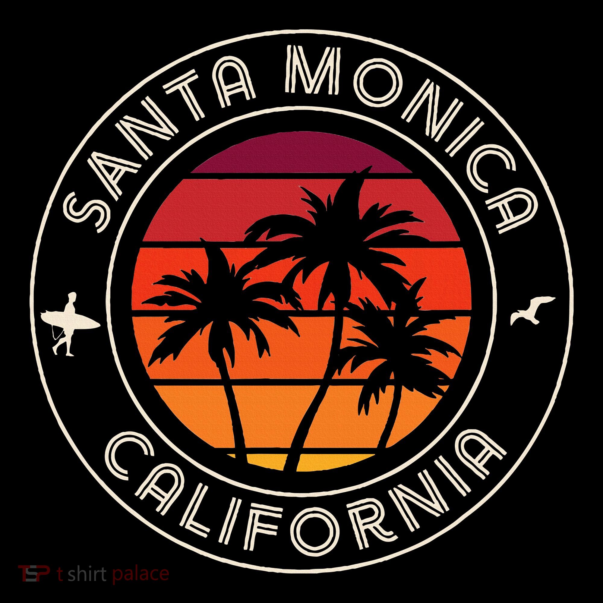 California Sunset Surfer And Seagull Santa Monica Beach Women's T-Shirt