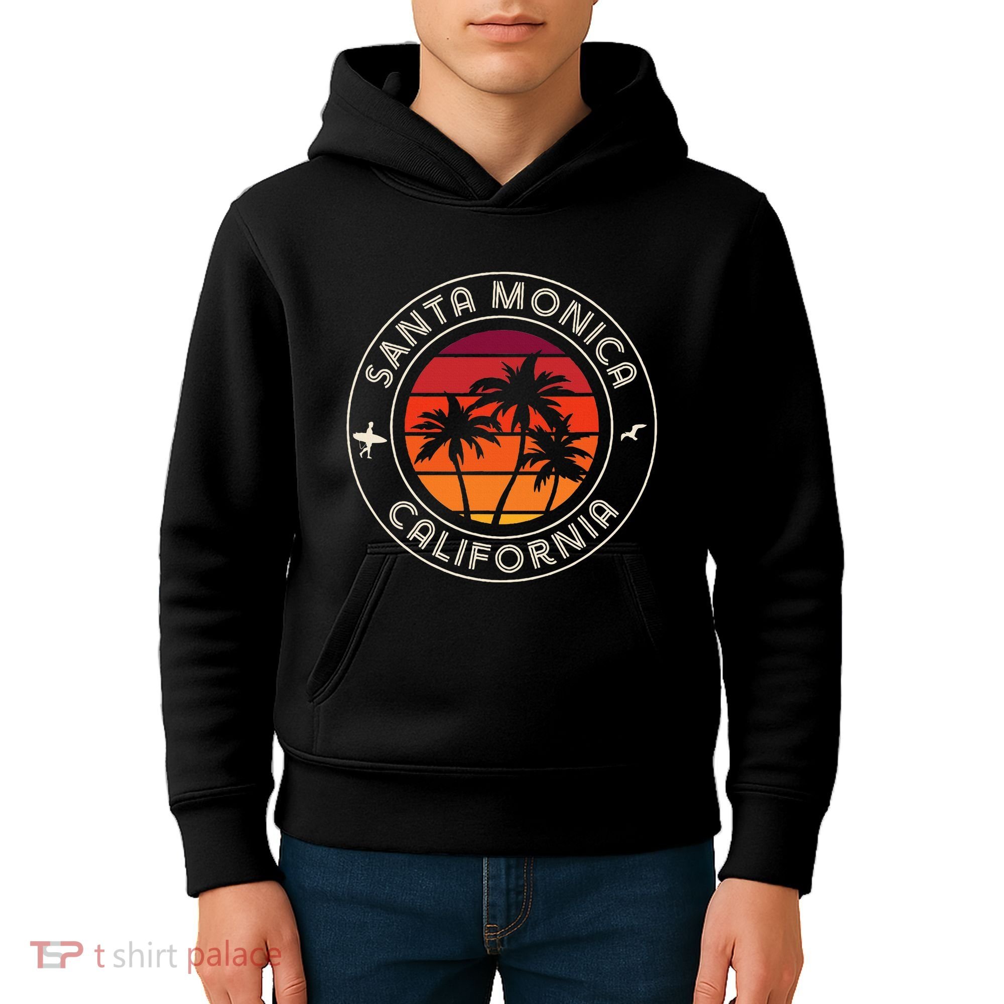 California Sunset Surfer And Seagull Santa Monica Beach Kids Hoodie