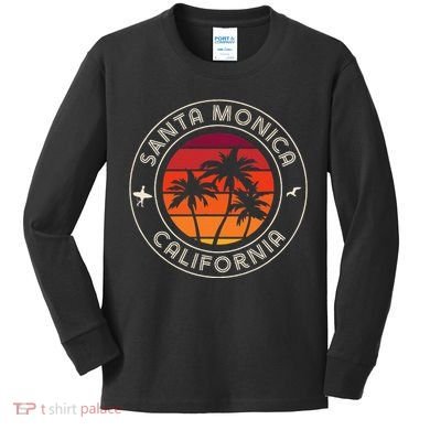 California Sunset Surfer And Seagull Santa Monica Beach Kids Long Sleeve Shirt