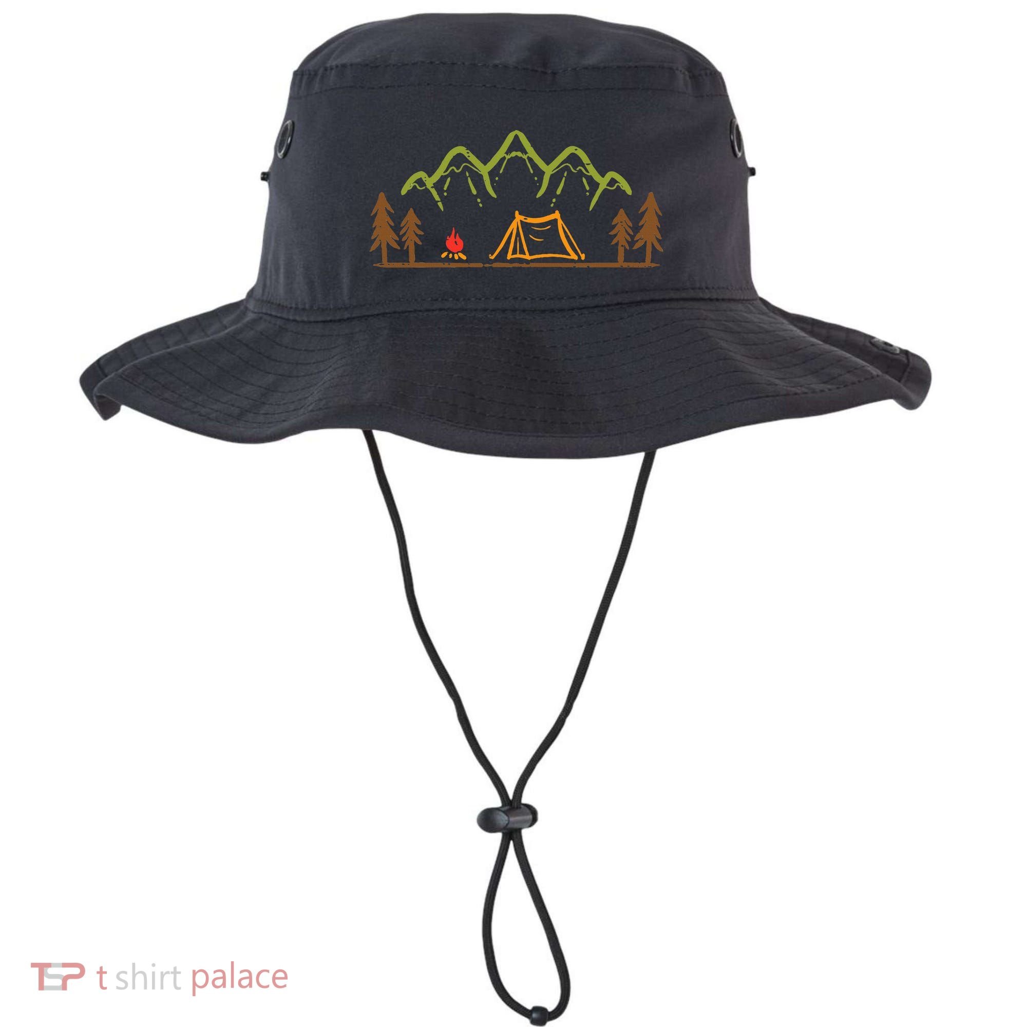 Camping Site Tent Trees Mountain Minimalistic Camp Bucket Hat